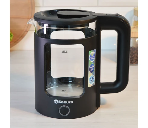 Чайник электрический Sakura SA-2737BK, черный, стекло, пластик, подсветка, 1,5 л, 1500-1800 Вт